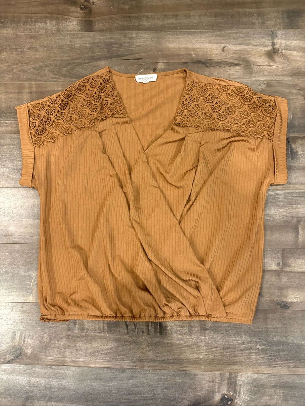 Scallop Lace Shoulder Rust Wrap-Front Blouse